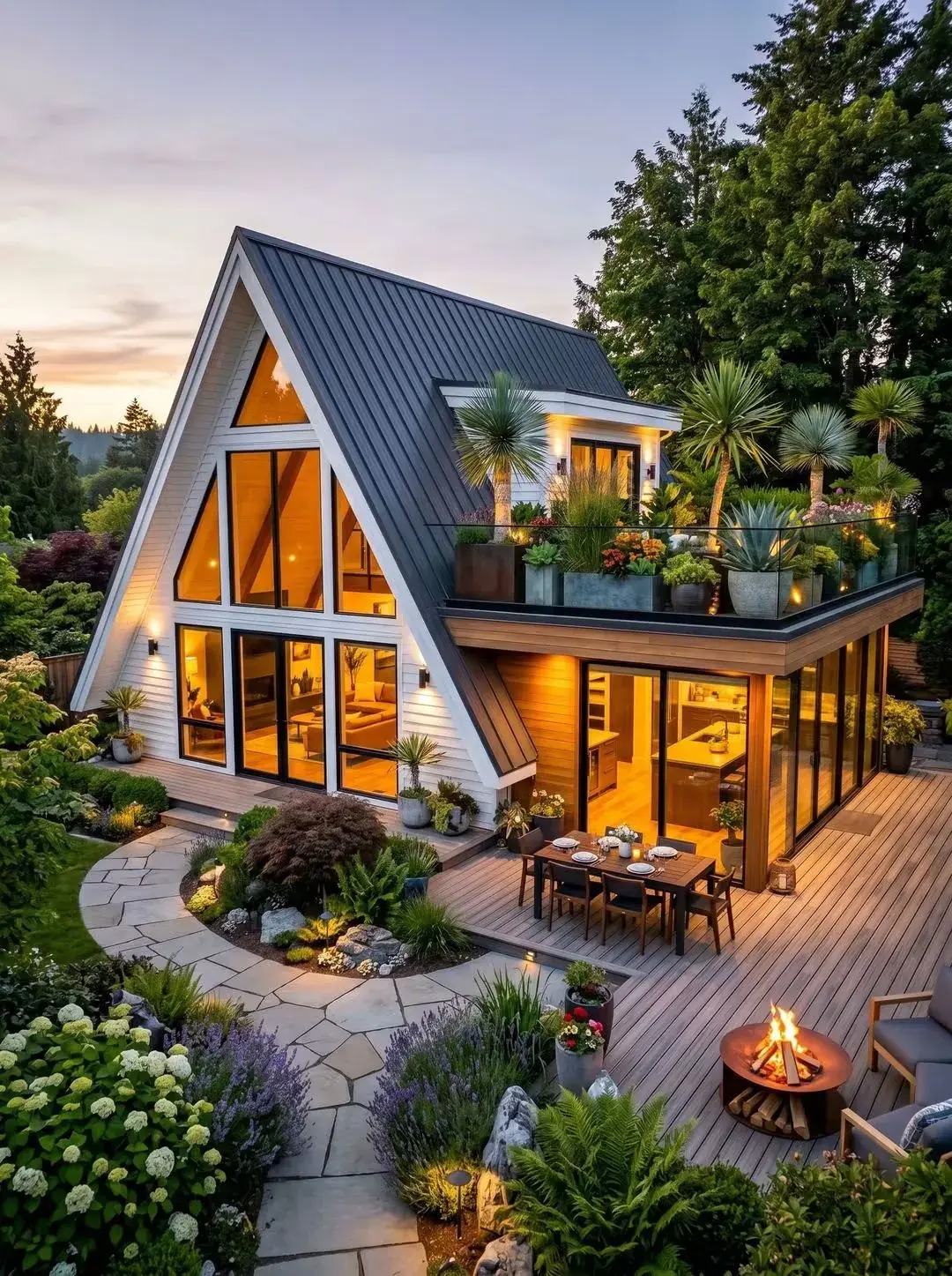 A-frame house windows at dusk with LLumar Spectrally-Selective solar control window film
