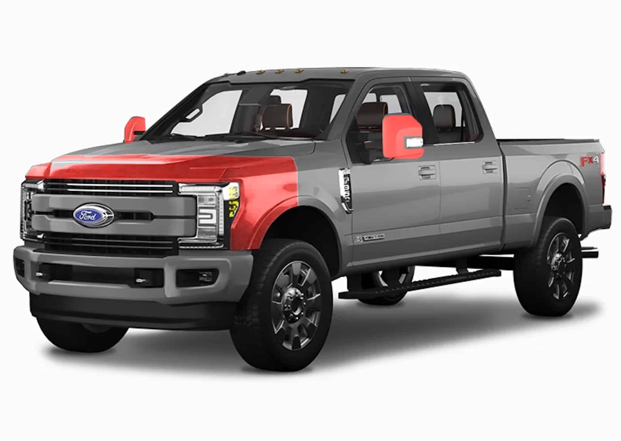 Hood, fender, and mirror PPF coverage highlighted — front view