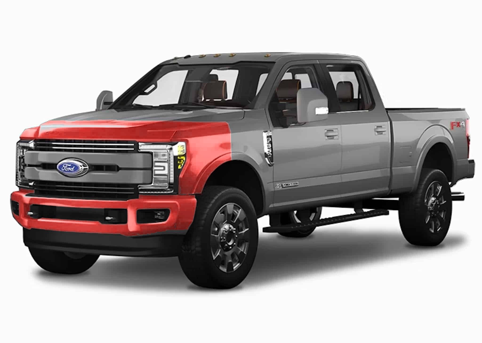 Wyoming Package PPF on a pickup — full front bumper, 18-inch hood band, and partial fenders highlighted — front view